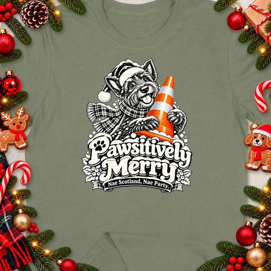 Dog in Santa hat holding traffic cone, text "Pawsitively Merry Nae Scotland, Nae Party."