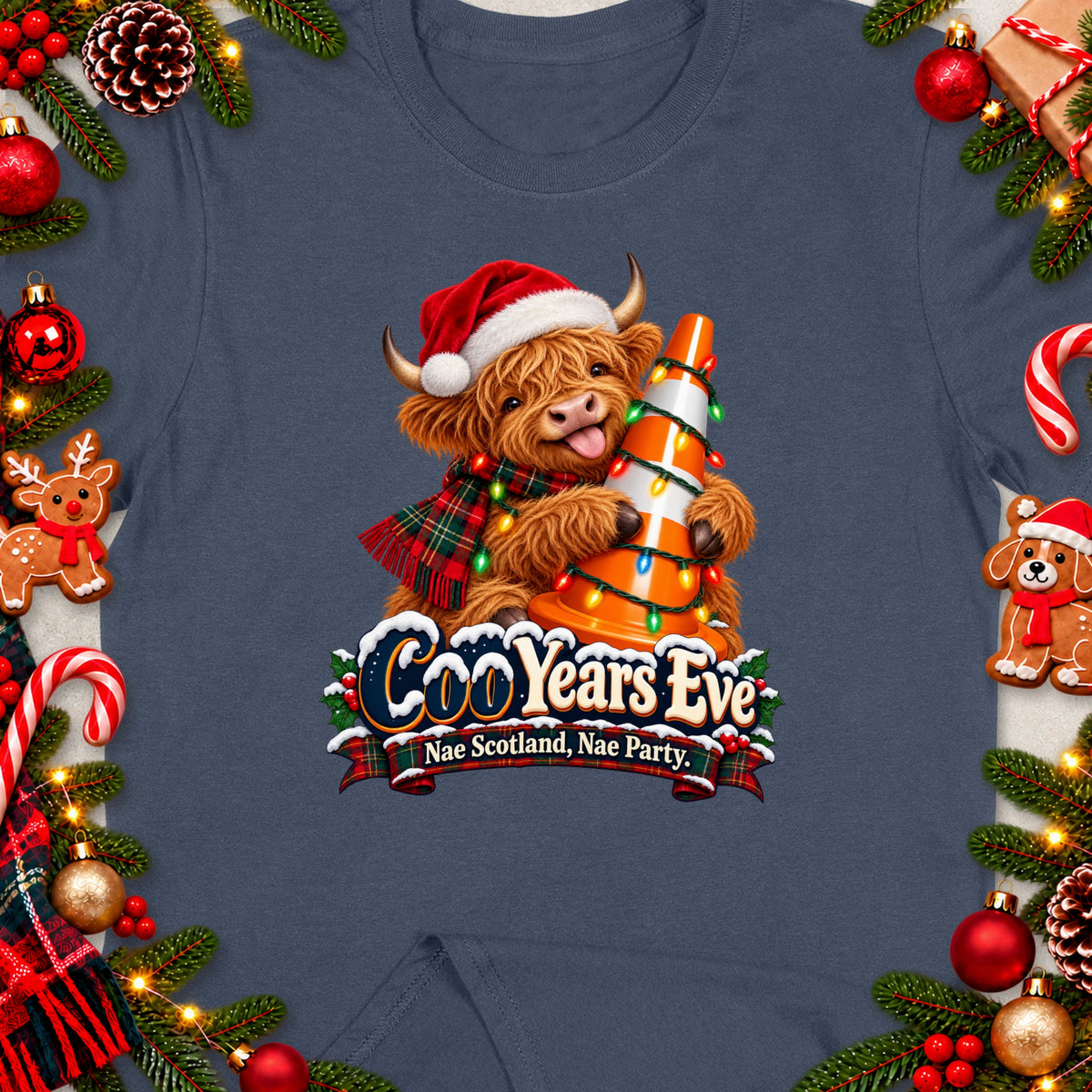 Highland cow in Santa hat holding traffic cone with lights, text: CooYears Eve Nae Scotland, Nae Party.