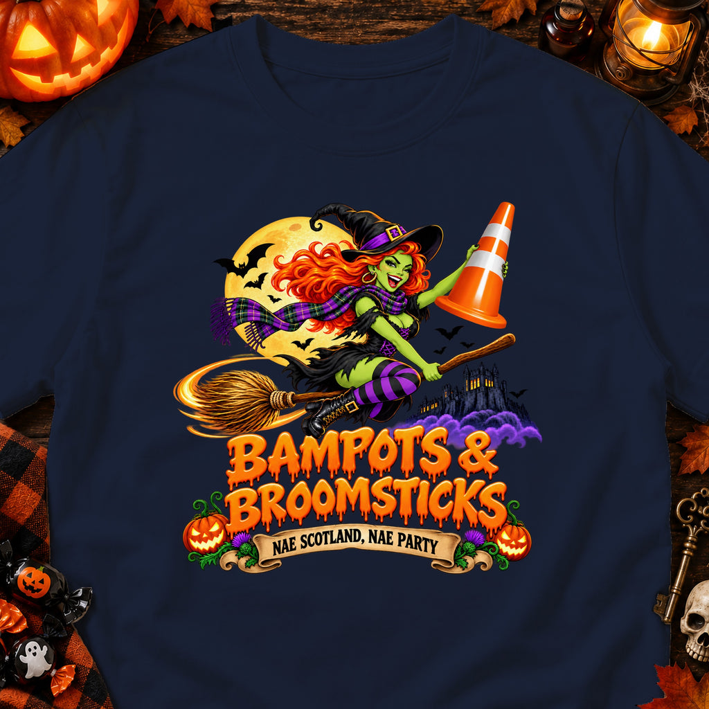 Witch on broom with traffic cone, text reads "Bampots & Broomsticks Nae Scotland, Nae Party".