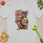 Rottweiler hugging a teddy bear with text "Built Like a Tank Loves Like a Teddy".