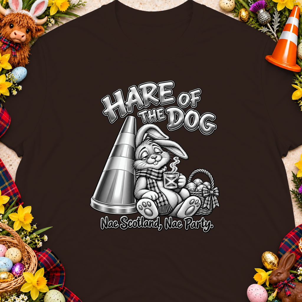 T-shirt with a hare graphic, traffic cone, and text "Hare of the Dog".