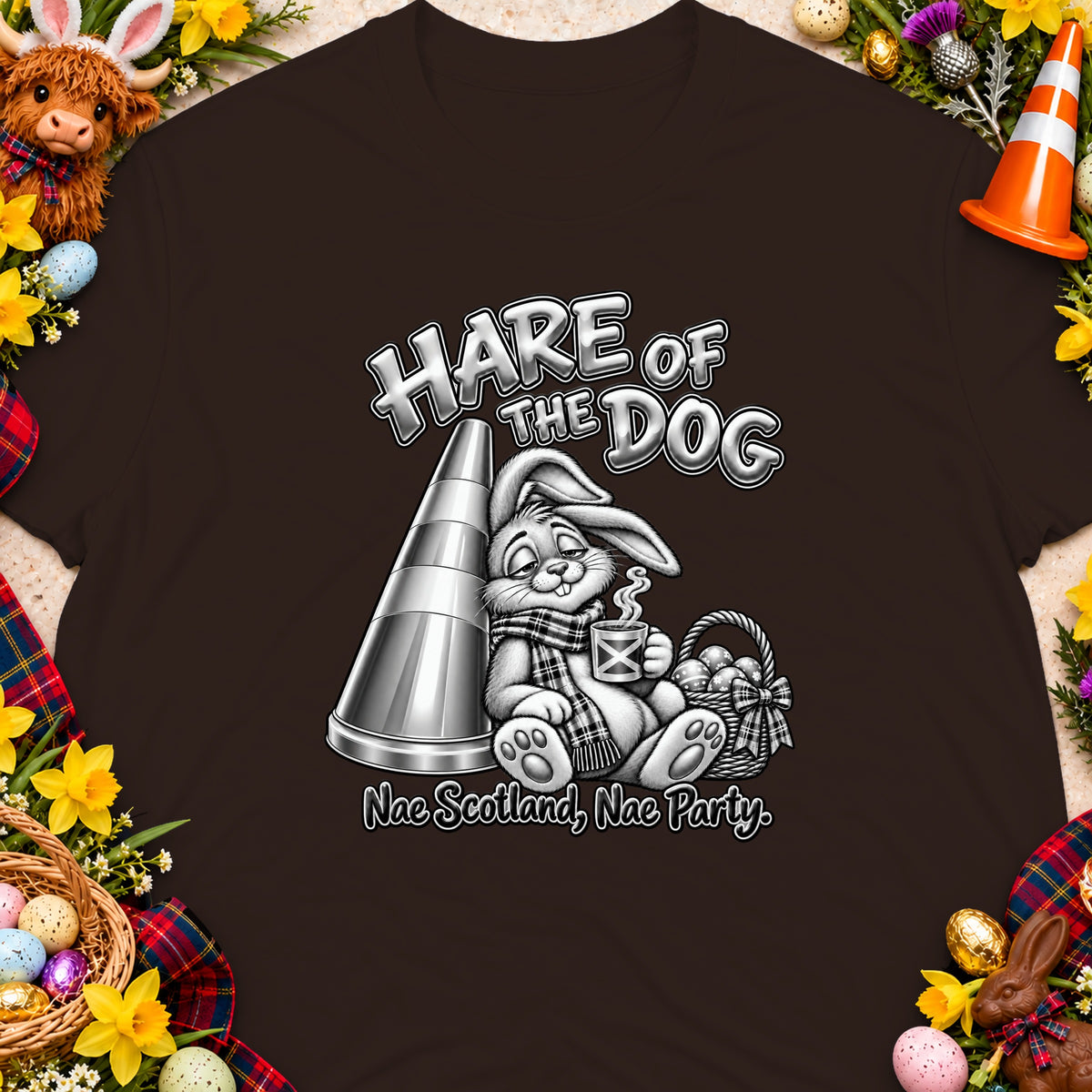 T-shirt with a hare graphic, traffic cone, and text "Hare of the Dog".