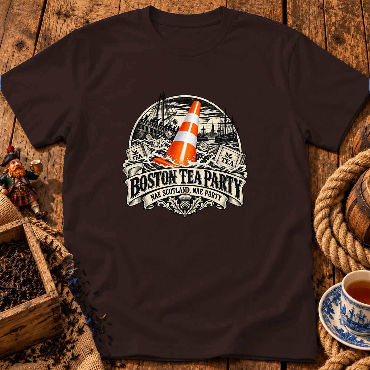 Dark brown t-shirt featuring a graphic print of a Boston Tea Party scene with a traffic cone.