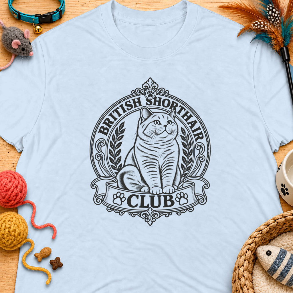 British Shorthair Club logo with cat on a light blue t-shirt.