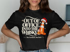 Black t-shirt with "Out of Office Into the Whisky" and a traffic cone with Santa hat.