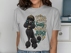 Black poodle wearing a crown and jewelry, with text "Classy, Sassy & Slightly Judgy".