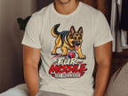 German Shepherd with ball and text "FUR MISSILE ON STANDBY" on shirt.
