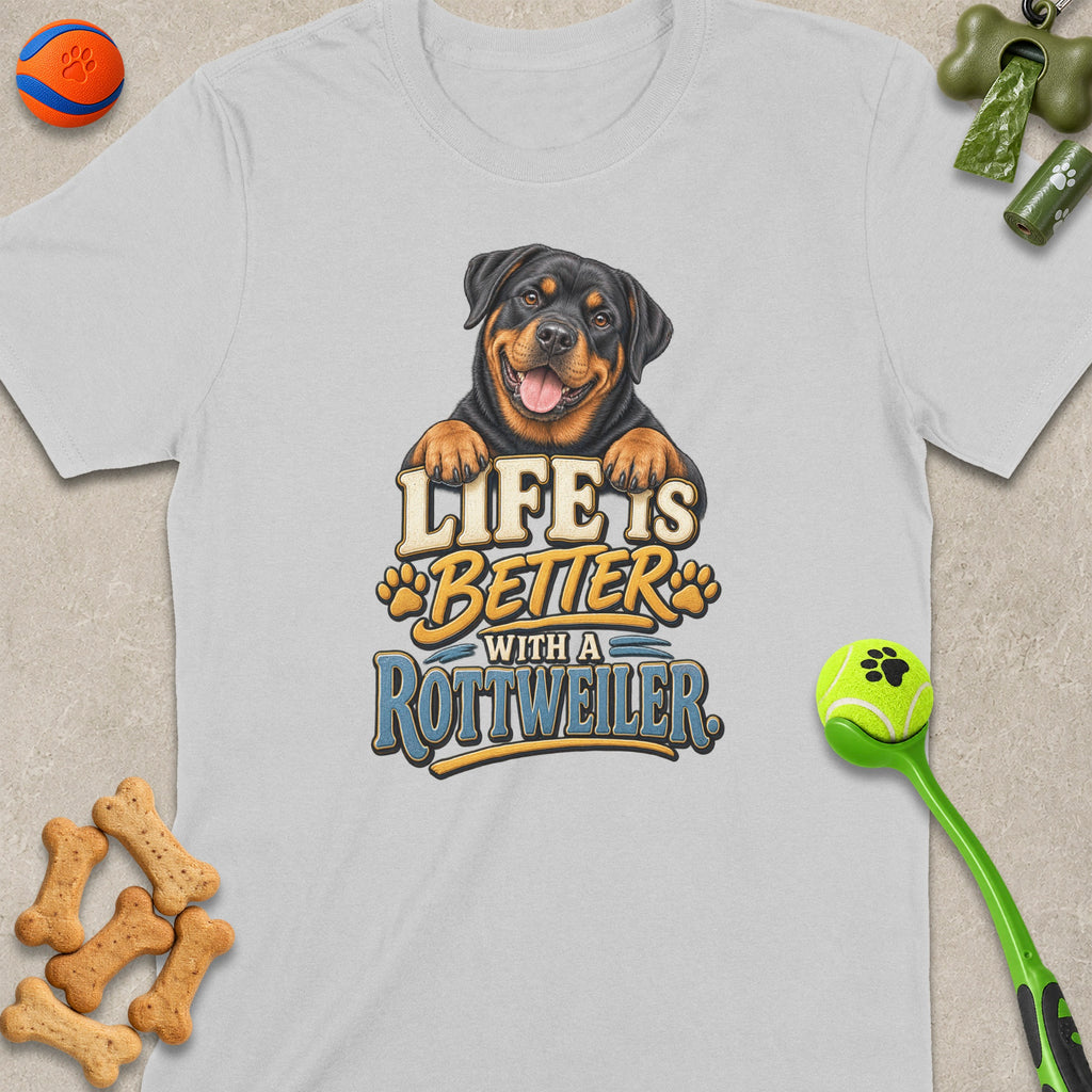 T-shirt with a Rottweiler graphic and the text "Life is Better with a Rottweiler".