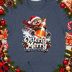 Christmas t-shirt with otter holding traffic cone and text "Otterly Merry".