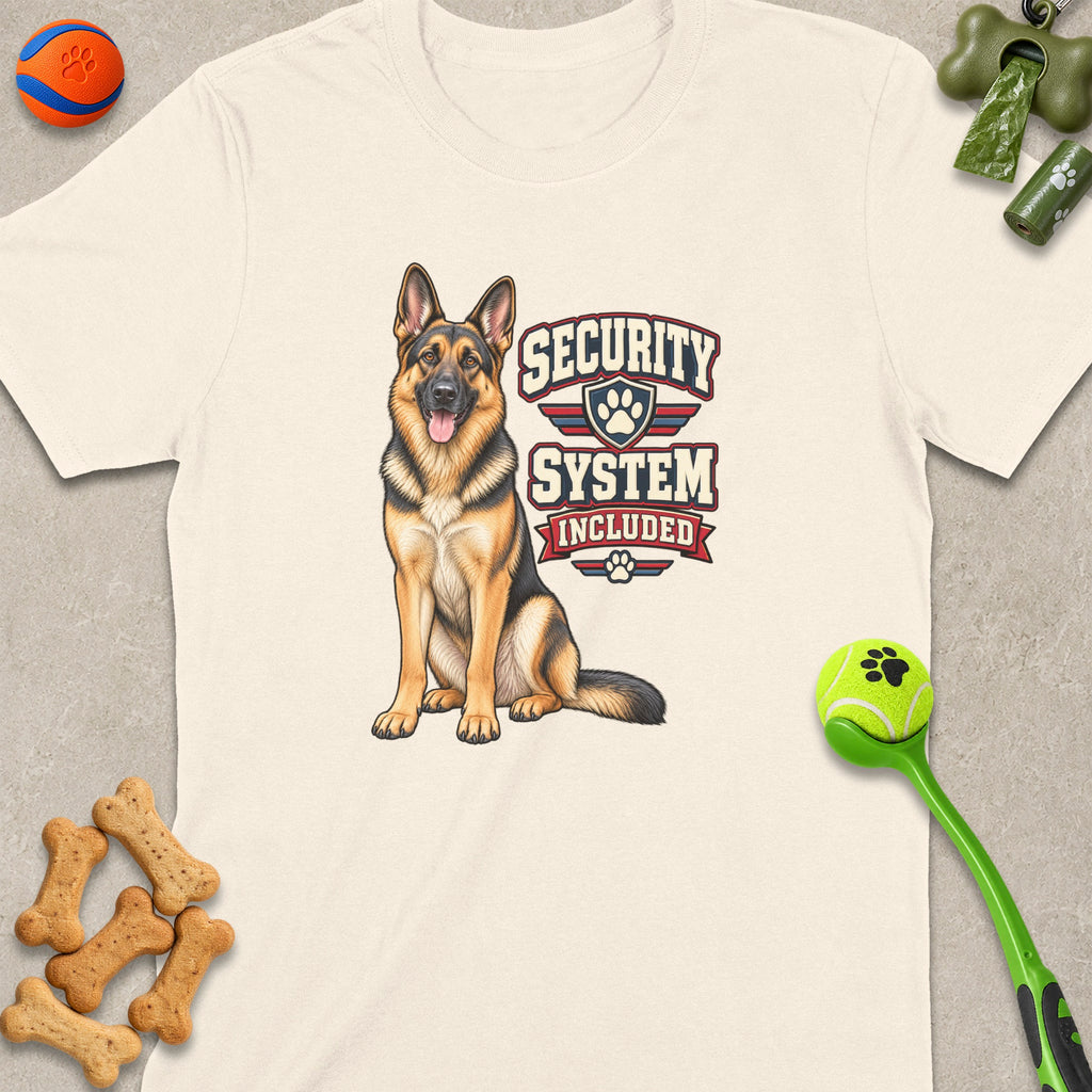 Cream t-shirt with German Shepherd and "Security System Included" text graphic.
