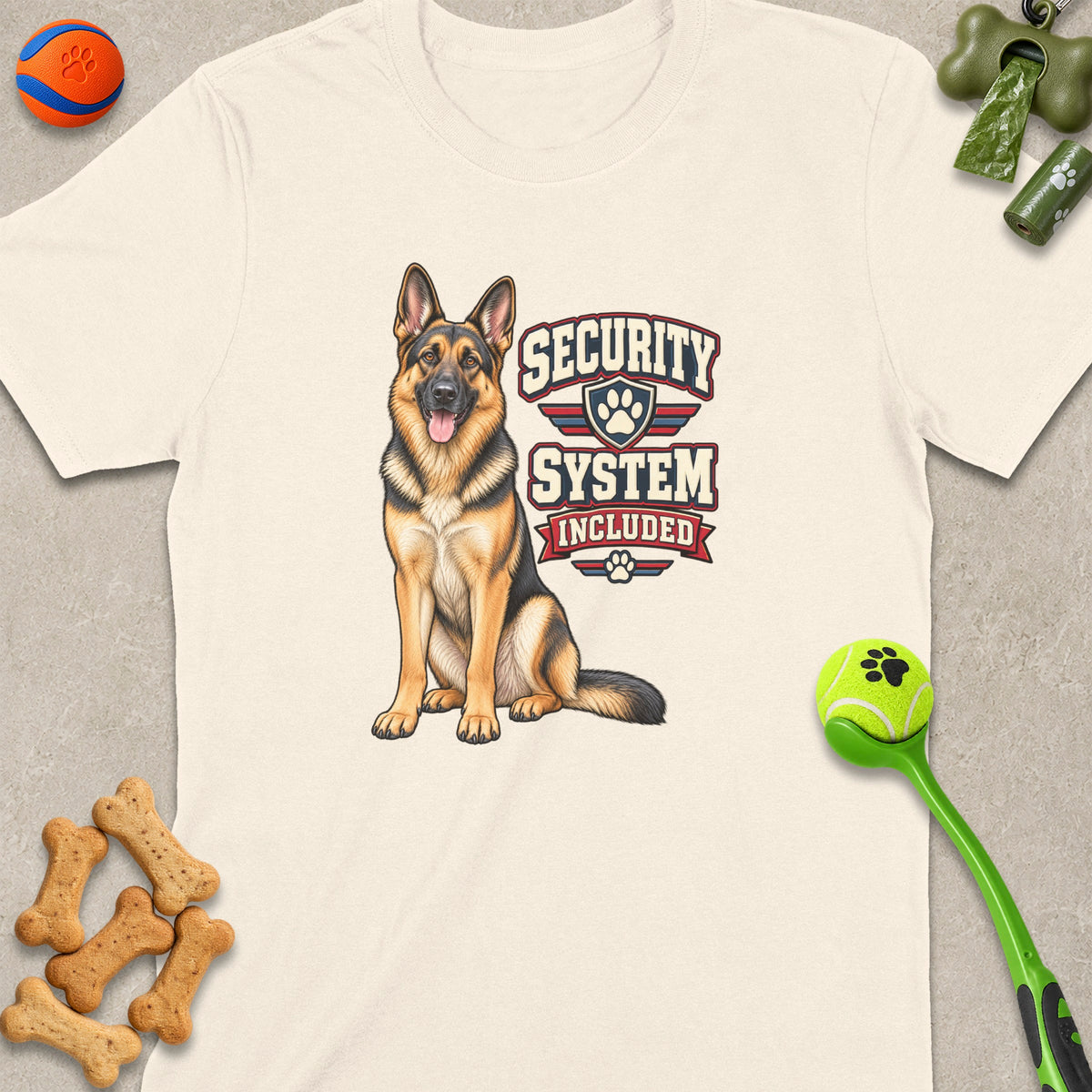 Cream t-shirt with German Shepherd and "Security System Included" text graphic.