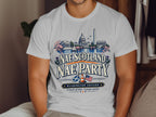 White t-shirt with Washington landmarks, Scottish and US flags, and text "Nae Scotland Nae Party".