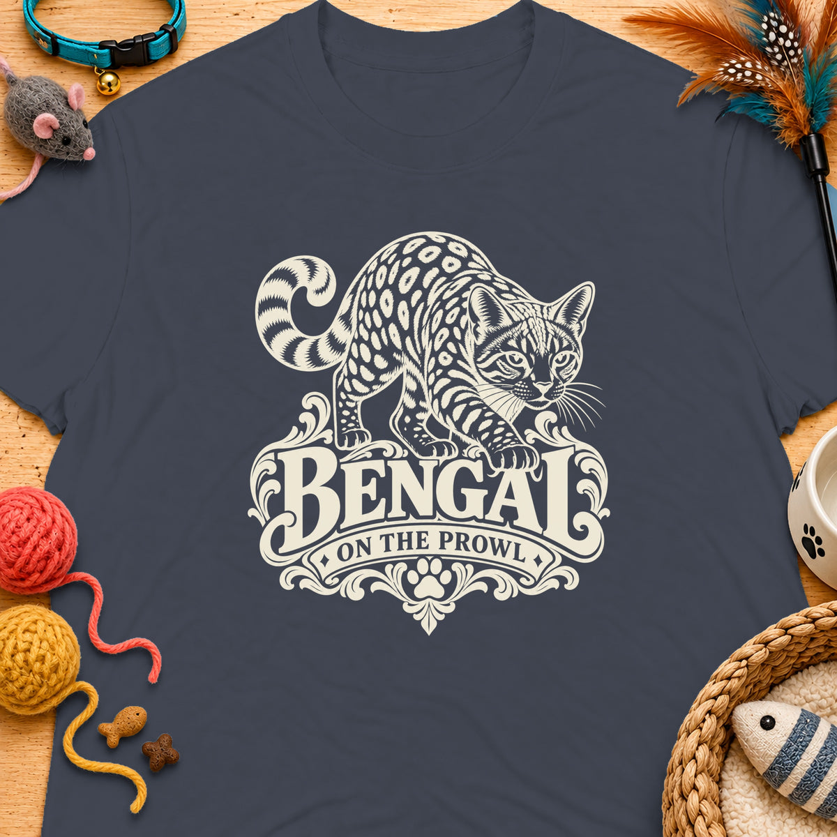 Dark grey t-shirt with a cream Bengal cat "On the Prowl" graphic.