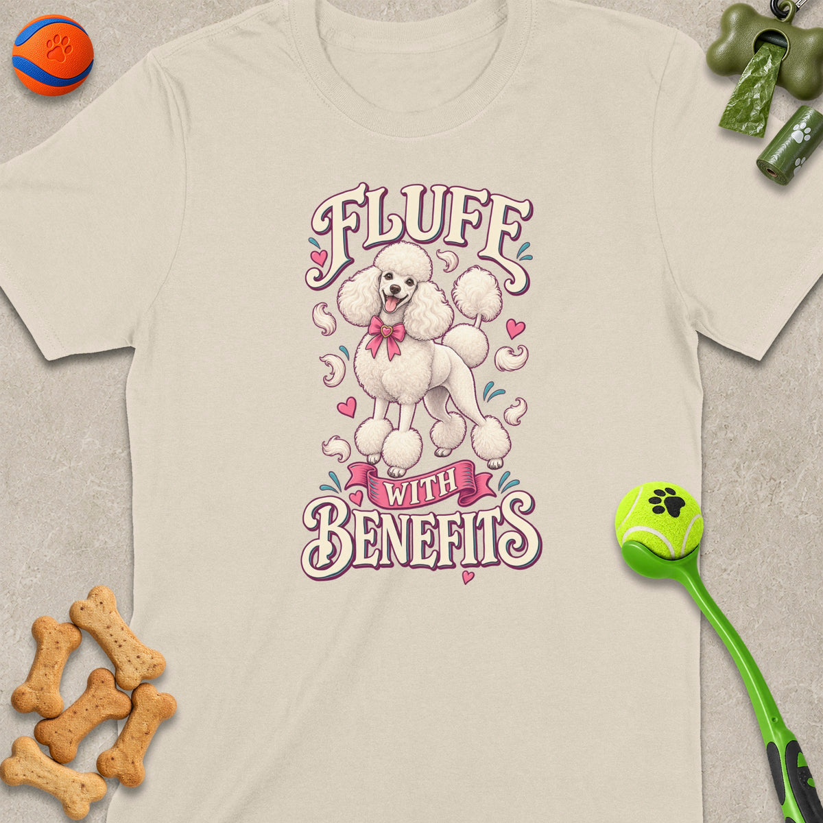 Cream t-shirt with a white poodle and "Fluff With Benefits" text graphic.