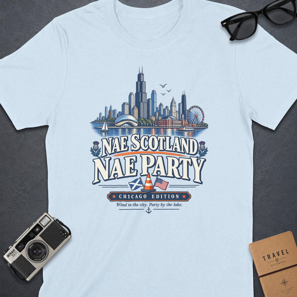 Light blue t-shirt with Chicago skyline graphic and "Nae Scotland Nae Party" text.