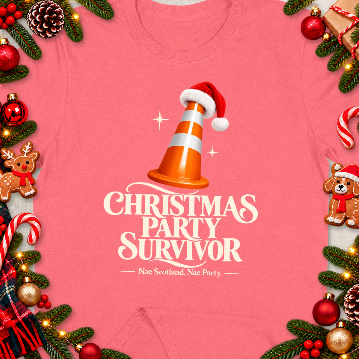 Pink t-shirt with "Christmas Party Survivor" text and a traffic cone wearing a Santa hat.