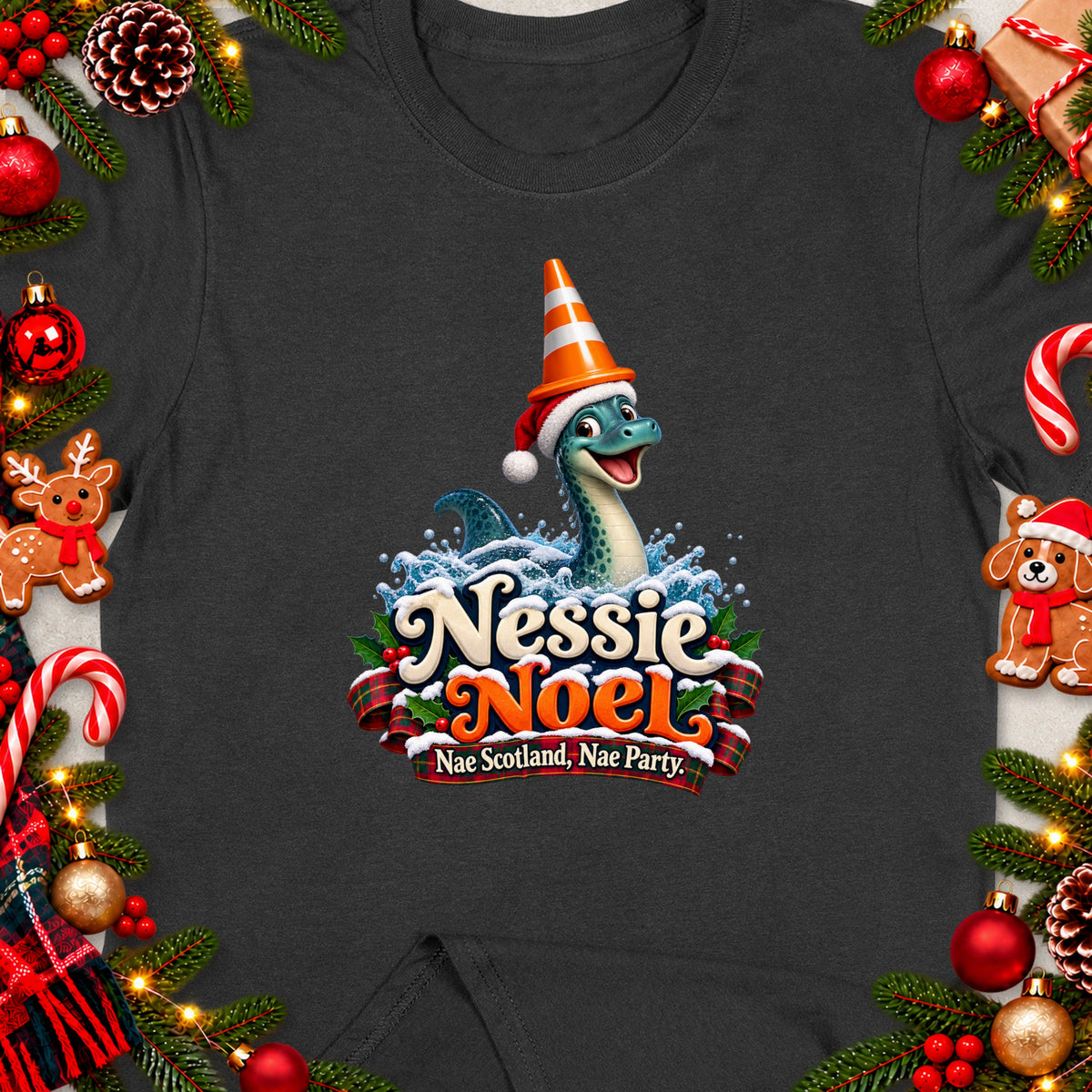 Nessie Noel graphic with Nessie wearing a Santa hat and traffic cone.