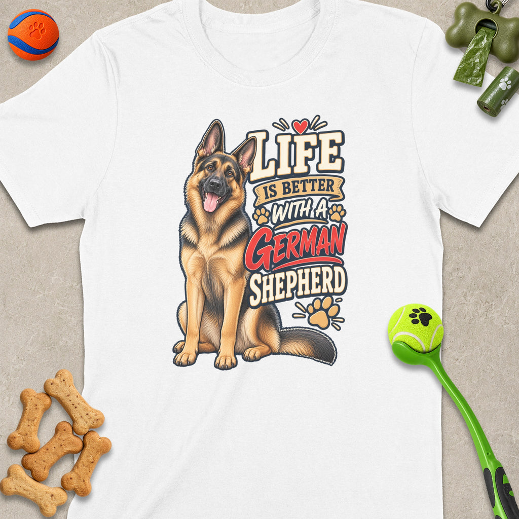 White t-shirt with a German Shepherd illustration and text "Life Is Better With A German Shepherd".