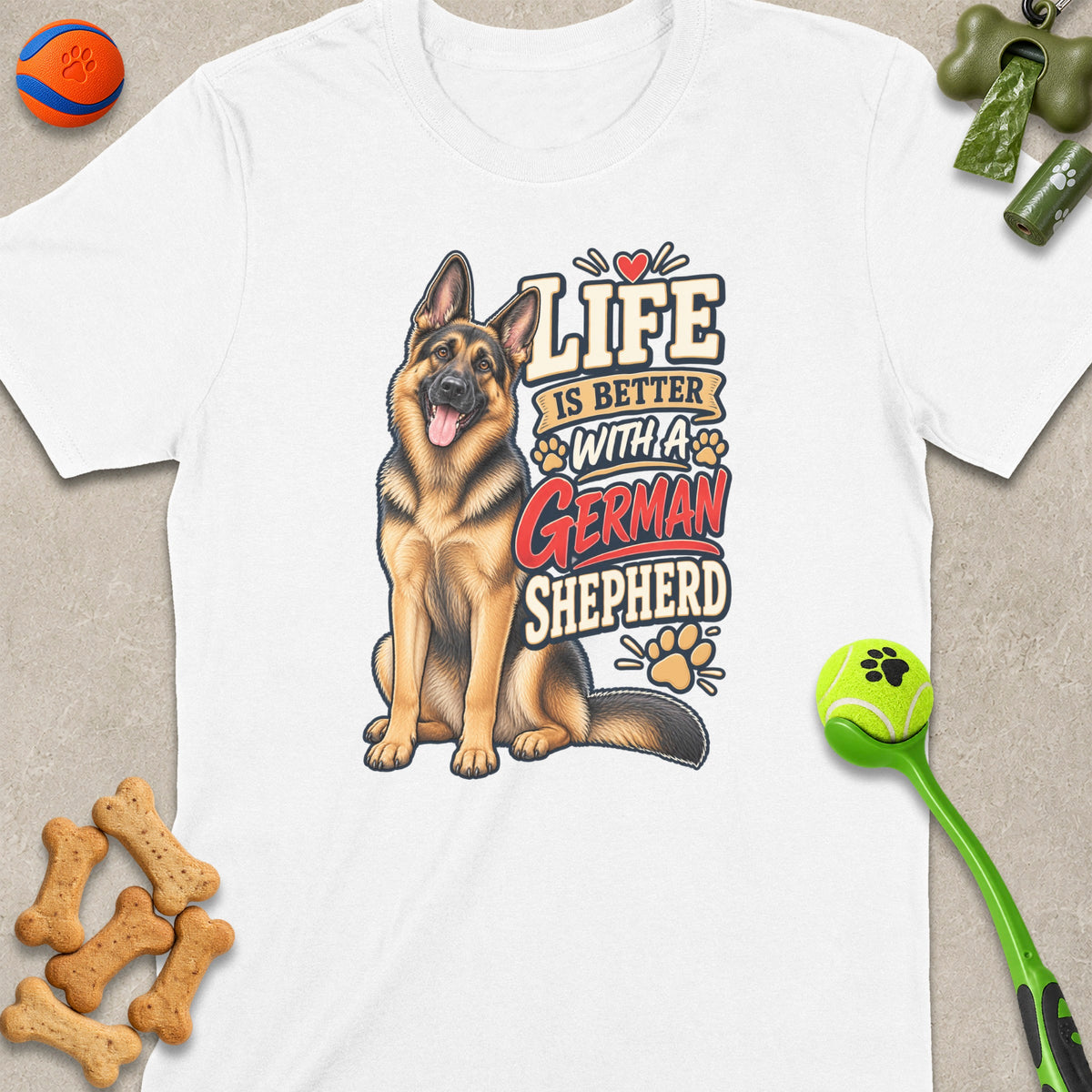 White t-shirt with a German Shepherd illustration and text "Life Is Better With A German Shepherd".