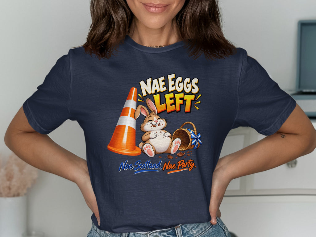 Bunny sits with a traffic cone and empty basket, text reads "Nae Eggs Left".