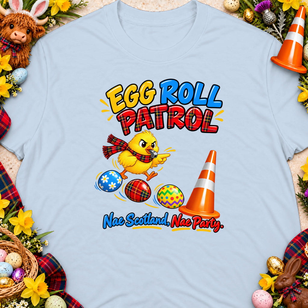 Yellow chick with whistle and tartan scarf, "Egg Roll Patrol" text, Easter eggs, traffic cone.