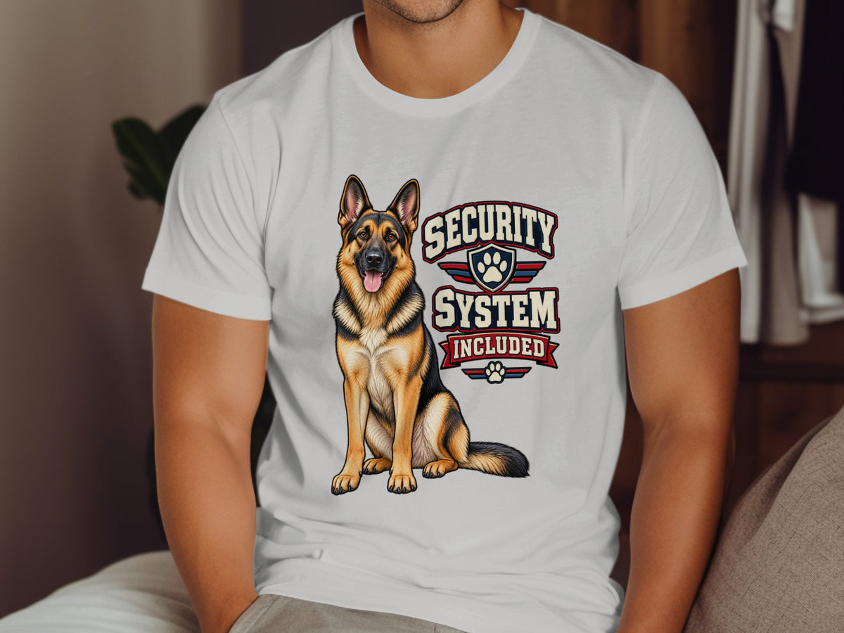 White t-shirt with German Shepherd graphic and text "SECURITY SYSTEM INCLUDED".