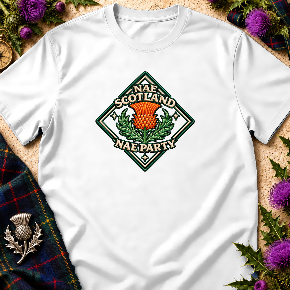 White crewneck t-shirt featuring a diamond-shaped Scottish thistle design with the text Nae Scotland Nae Party.
