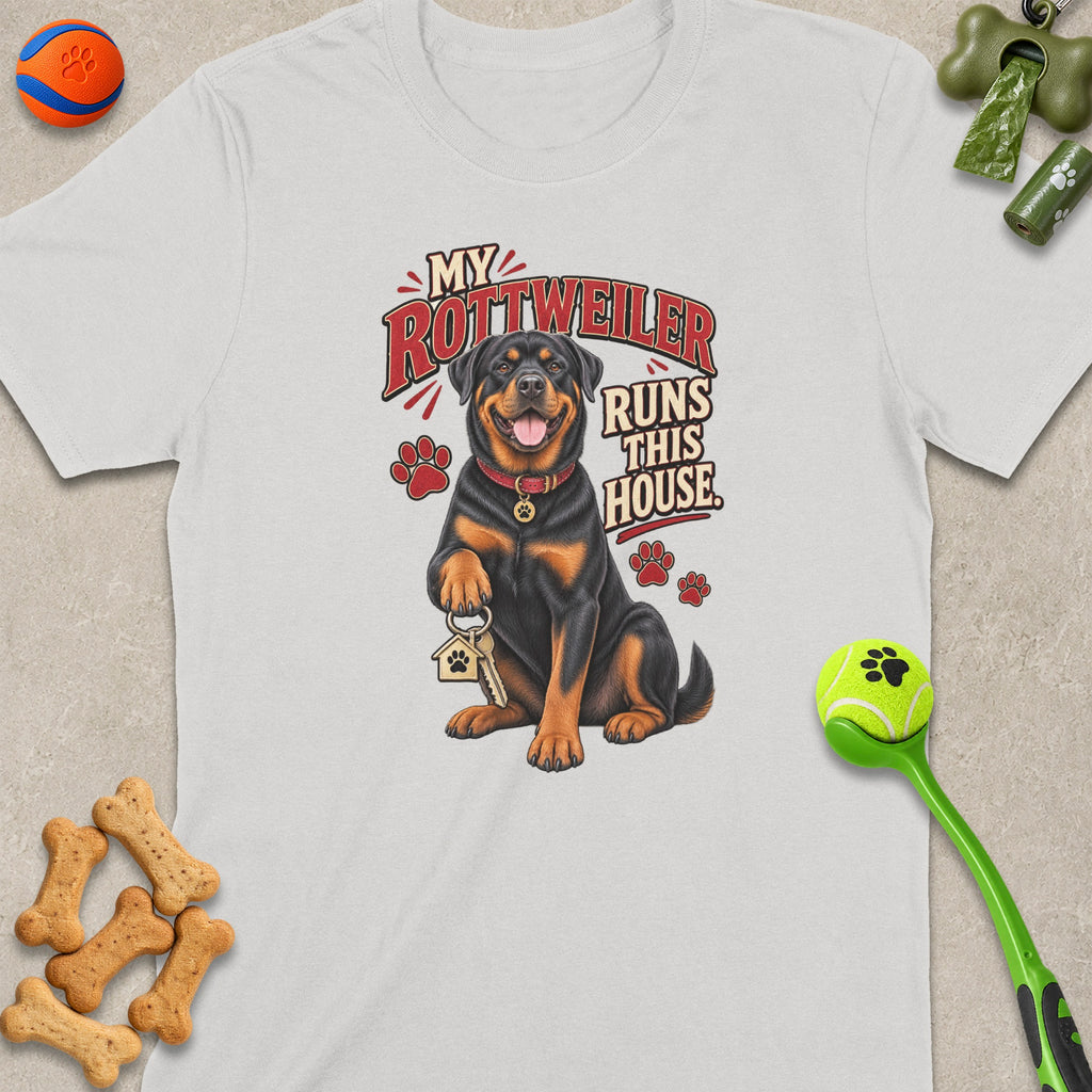 Rottweiler with keys and text "My Rottweiler Runs This House" on shirt.