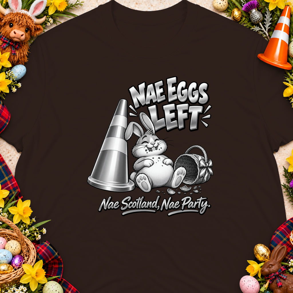 Bunny with traffic cone, basket, and text "Nae Eggs Left. Nae Scotland, Nae Party."