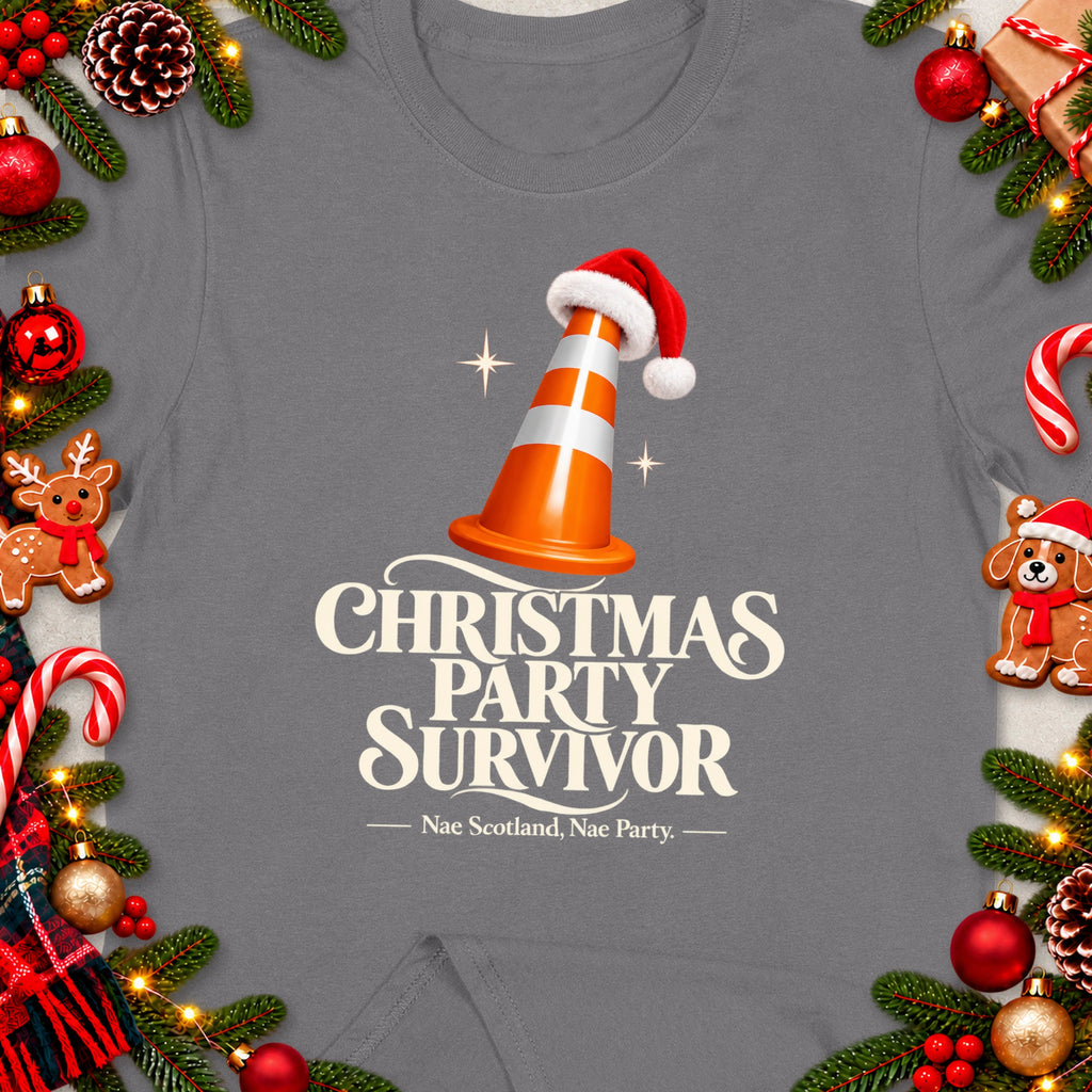 Grey t-shirt with "Christmas Party Survivor" text and a traffic cone wearing a Santa hat.