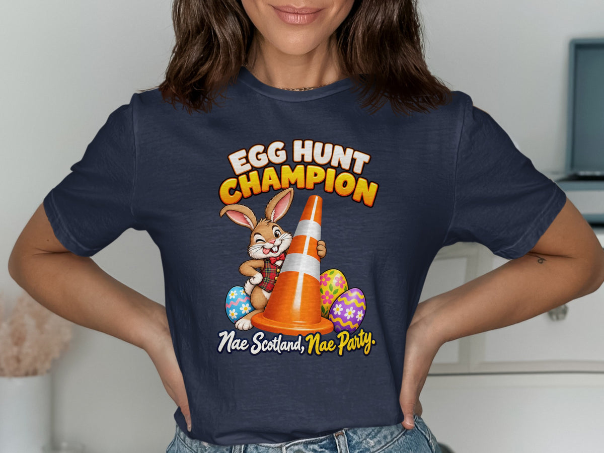 Cartoon bunny holding traffic cone with "Egg Hunt Champion" text.