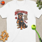 White t-shirt with a Rottweiler holding keys and text "My Rottweiler Runs This House".
