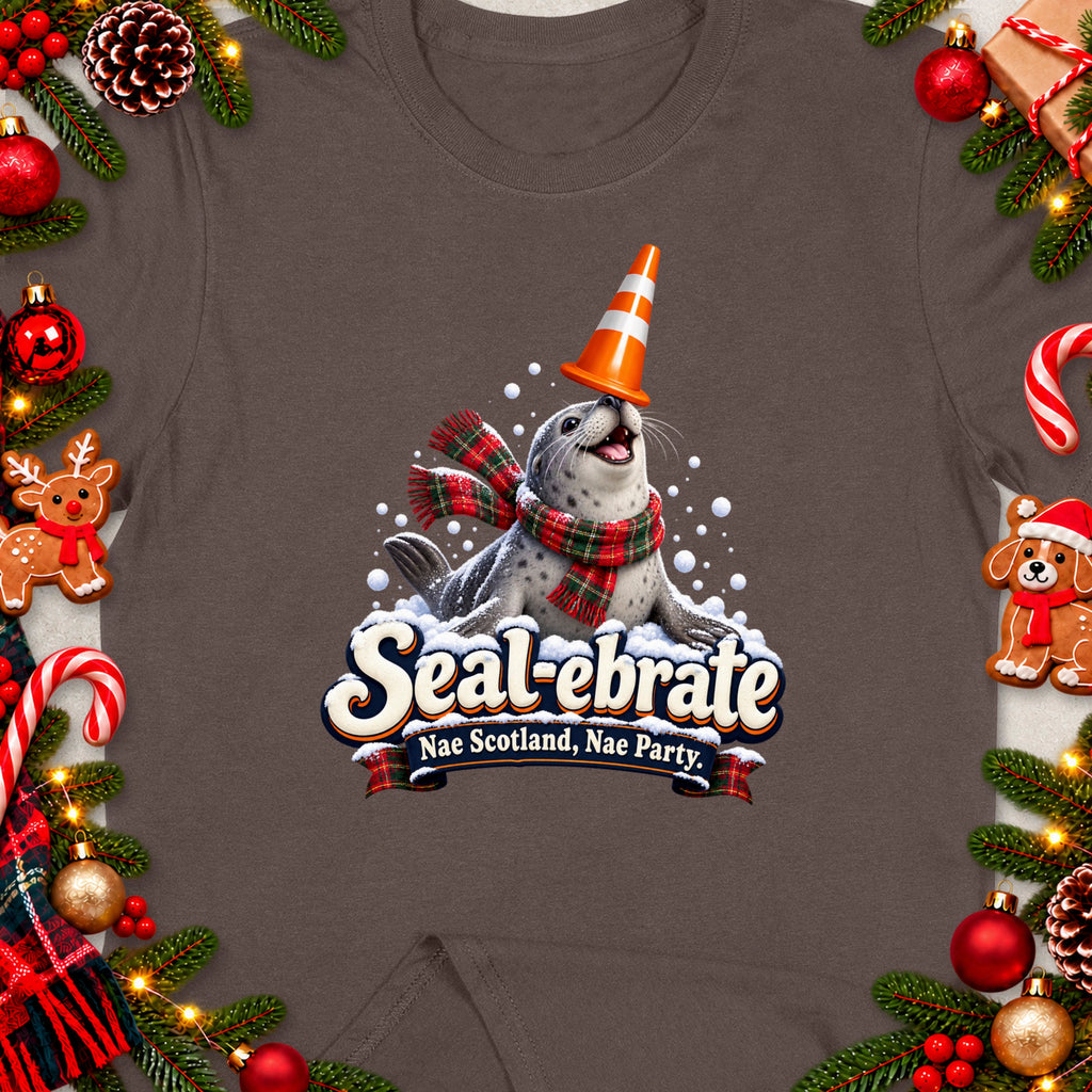 Seal with traffic cone hat and scarf, text "Seal-ebrate Nae Scotland, Nae Party."