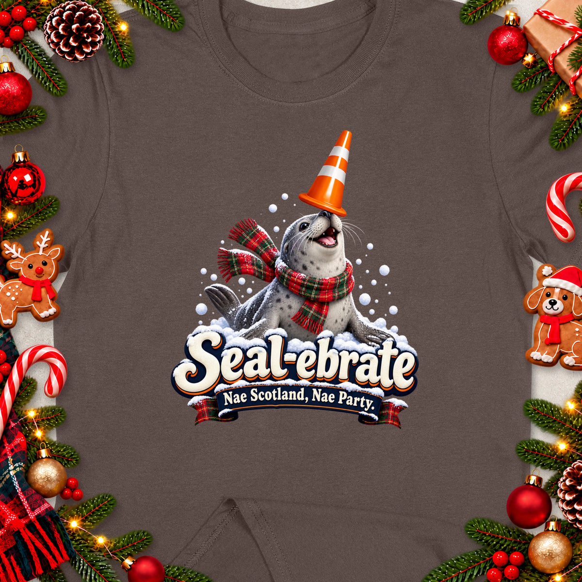 Seal with traffic cone hat and scarf, text "Seal-ebrate Nae Scotland, Nae Party."