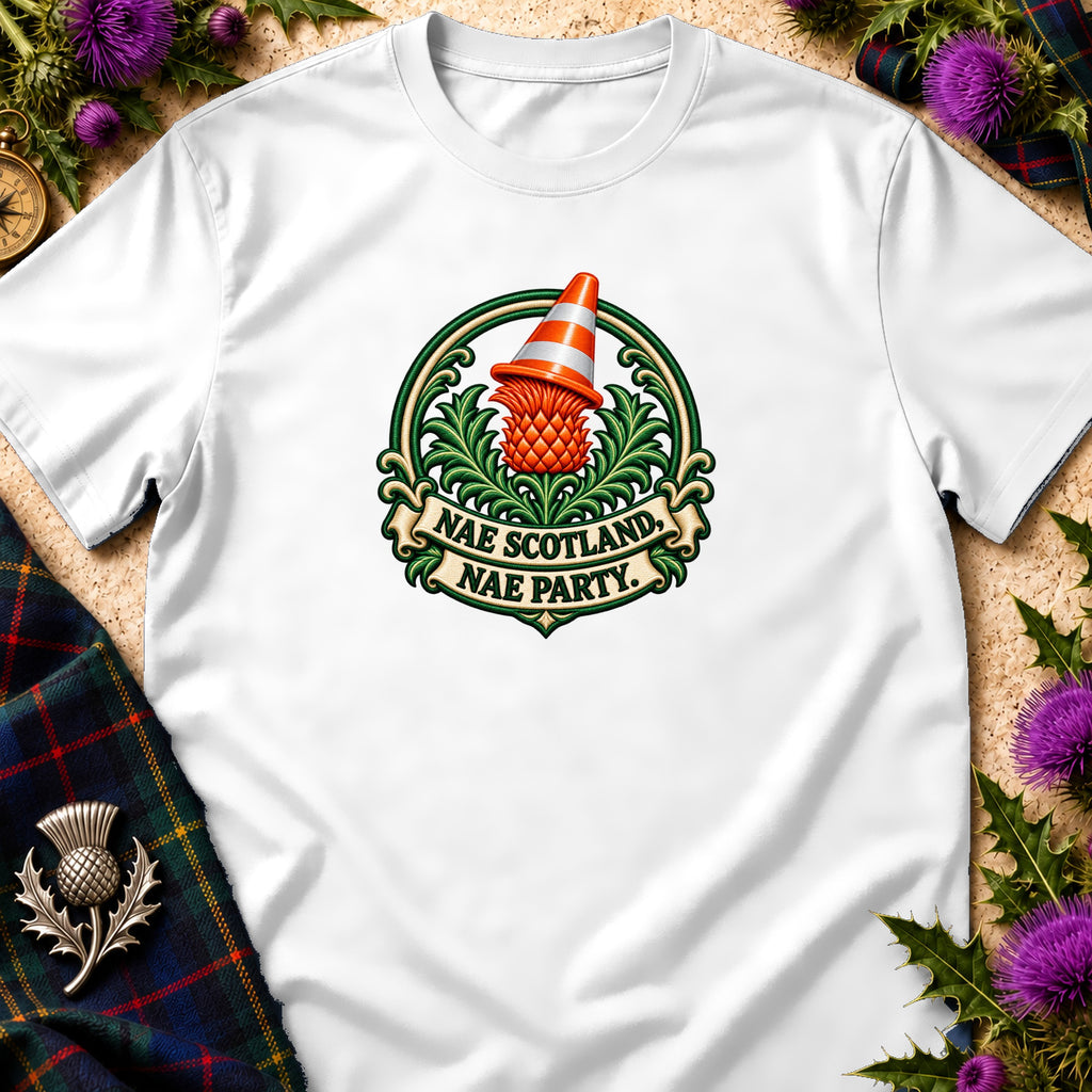 A white t-shirt featuring a green and orange graphic with a traffic cone on a thistle and the text Nae Scotland, Nae Party.