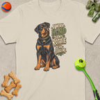 Rottweiler on t-shirt with text "I work hard so my Rottie can judge me."