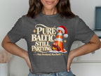 Dark grey t-shirt with "Pure Baltic. Still Partying." and a traffic cone in a Santa hat.