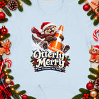 Otter wearing Santa hat, holding traffic cone, "Otterly Merry" text.