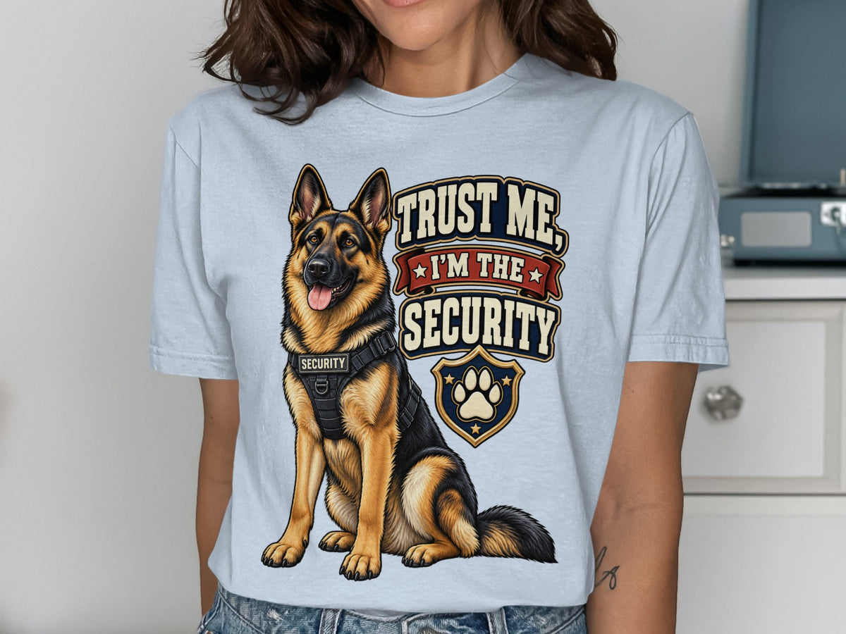 German Shepherd wearing security vest, with "Trust Me, I'm The Security" text.
