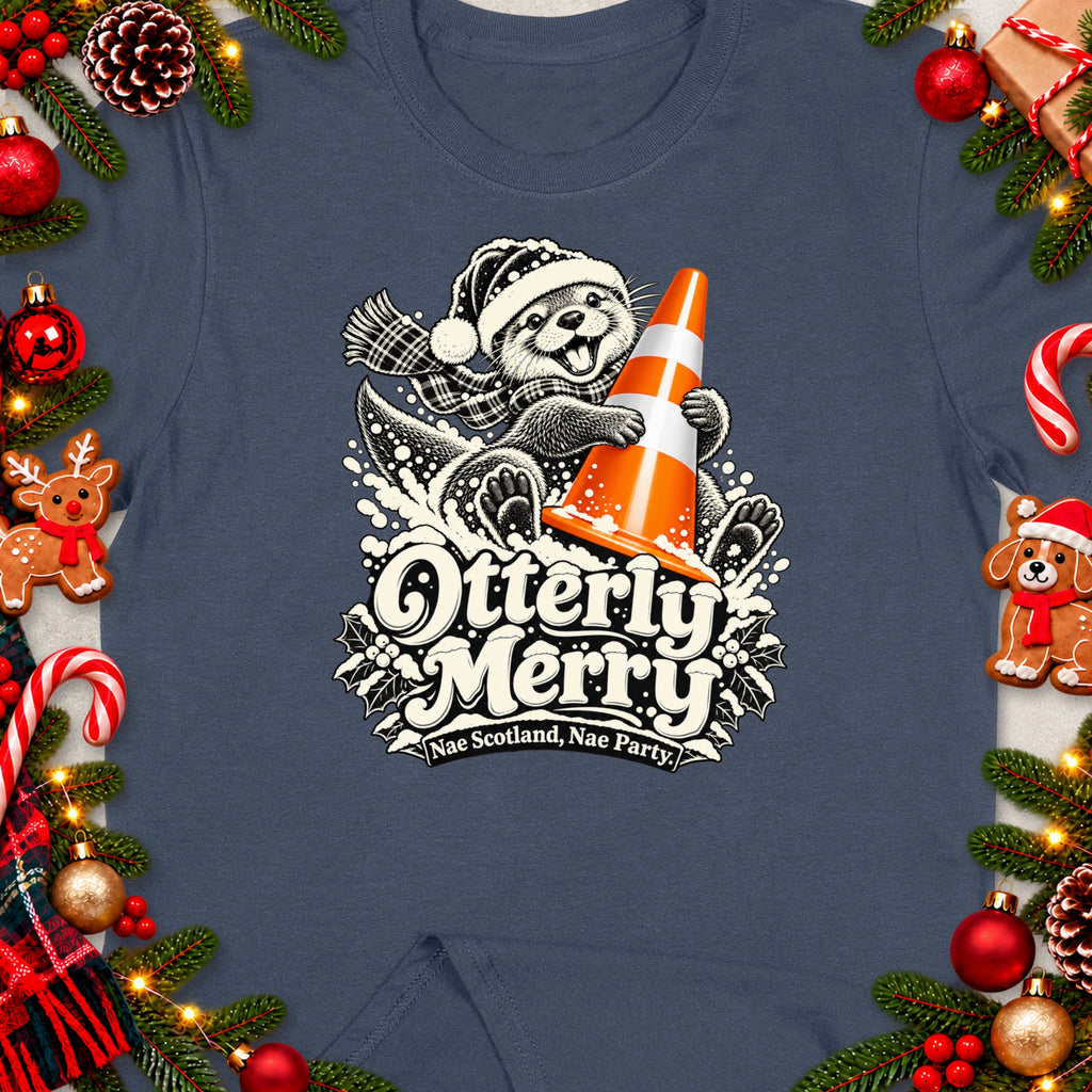 Otterly Merry graphic on a shirt with "Nae Scotland, Nae Party" text.