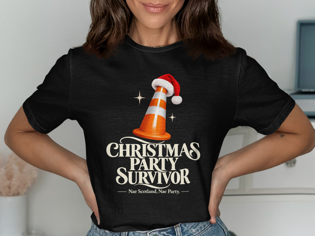 Black t-shirt with orange traffic cone wearing Santa hat and text "Christmas Party Survivor".
