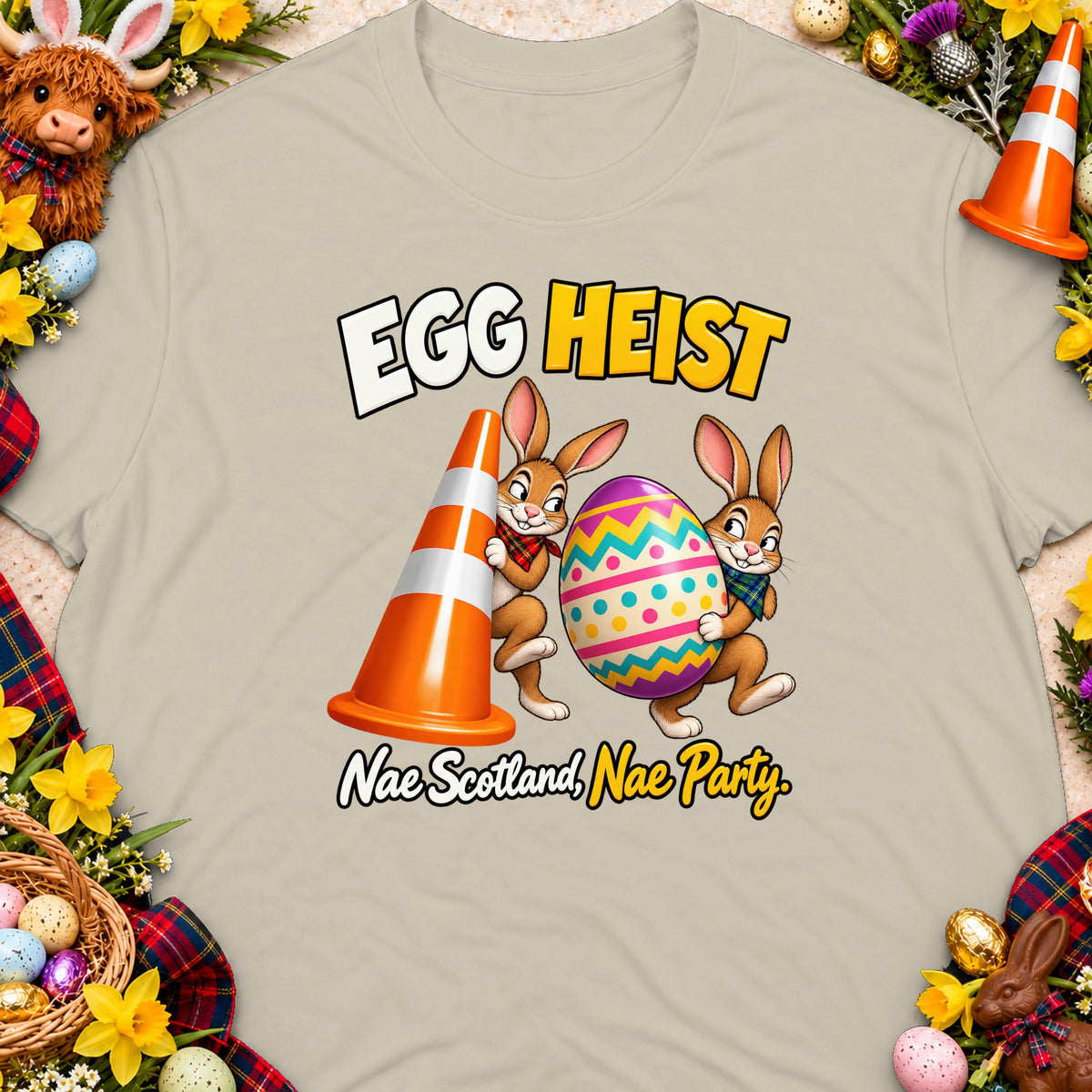 Two bunnies steal an Easter egg with a traffic cone and text "Egg Heist" and "Nae Scotland, Nae Party."