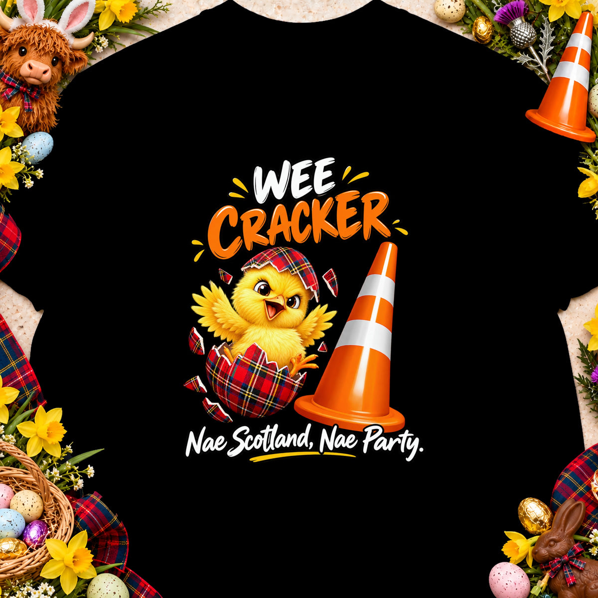 Chick in tartan eggshell next to orange cone, text "Wee Cracker Nae Scotland, Nae Party".