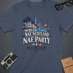 T-shirt with "Nae Scotland Nae Party Miami Edition" text and Miami skyline graphic.