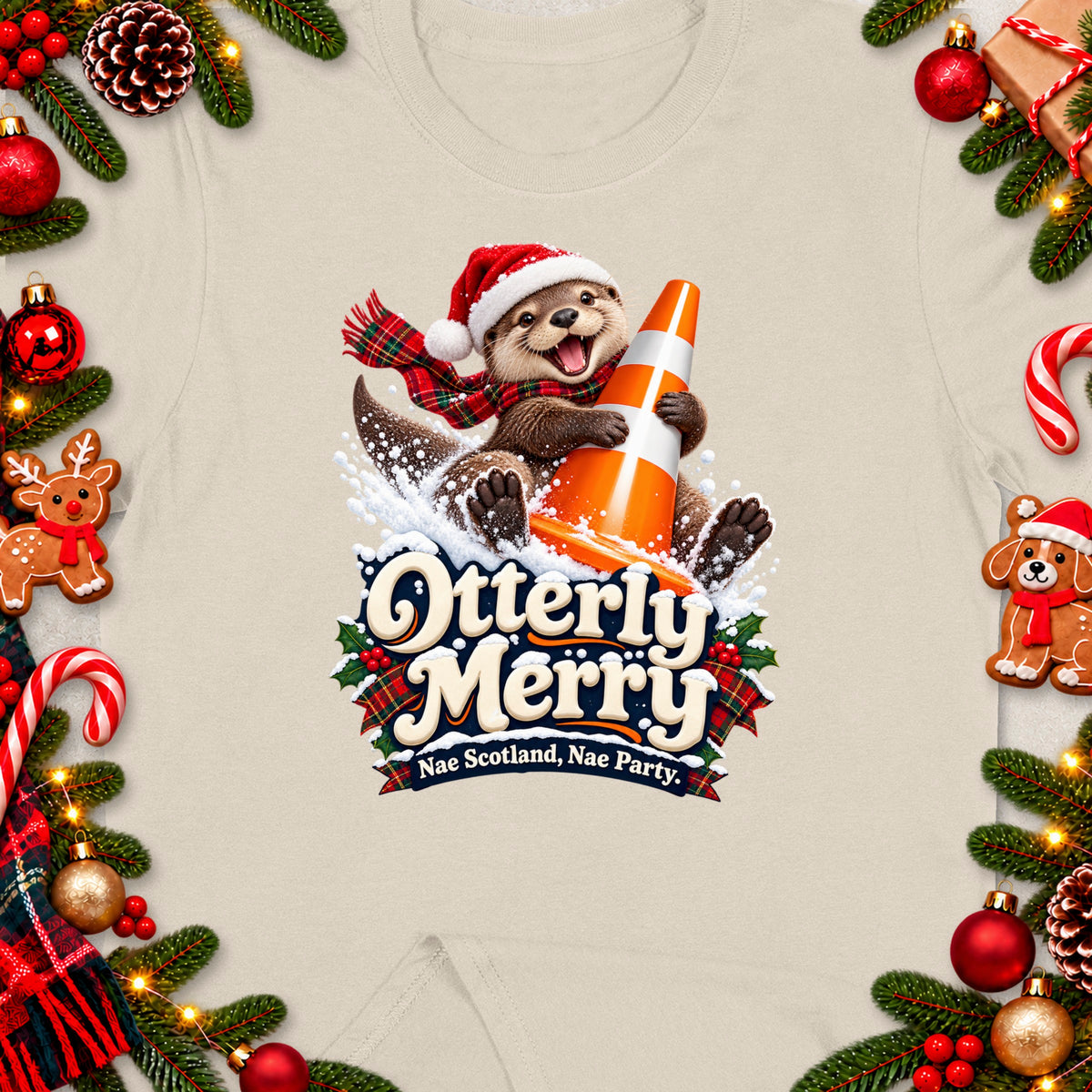 Christmas t-shirt graphic of an otter wearing a Santa hat and scarf holding a traffic cone.
