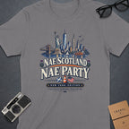 Grey t-shirt with "Nae Scotland Nae Party New York Edition" text and NYC skyline graphic.