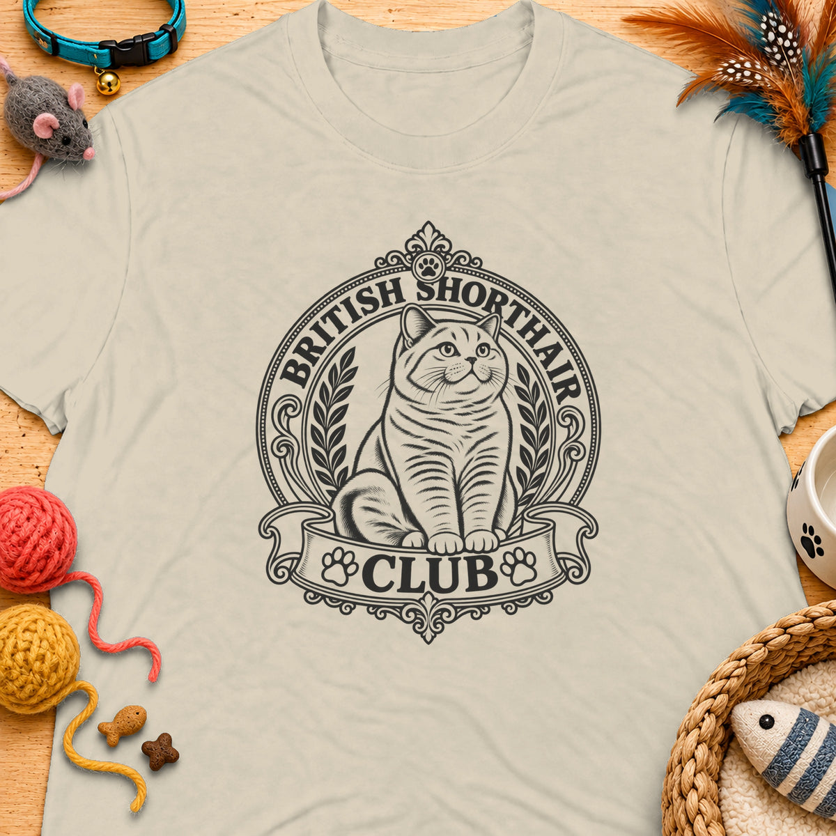 T-shirt with British Shorthair Club logo featuring a cat and paws.