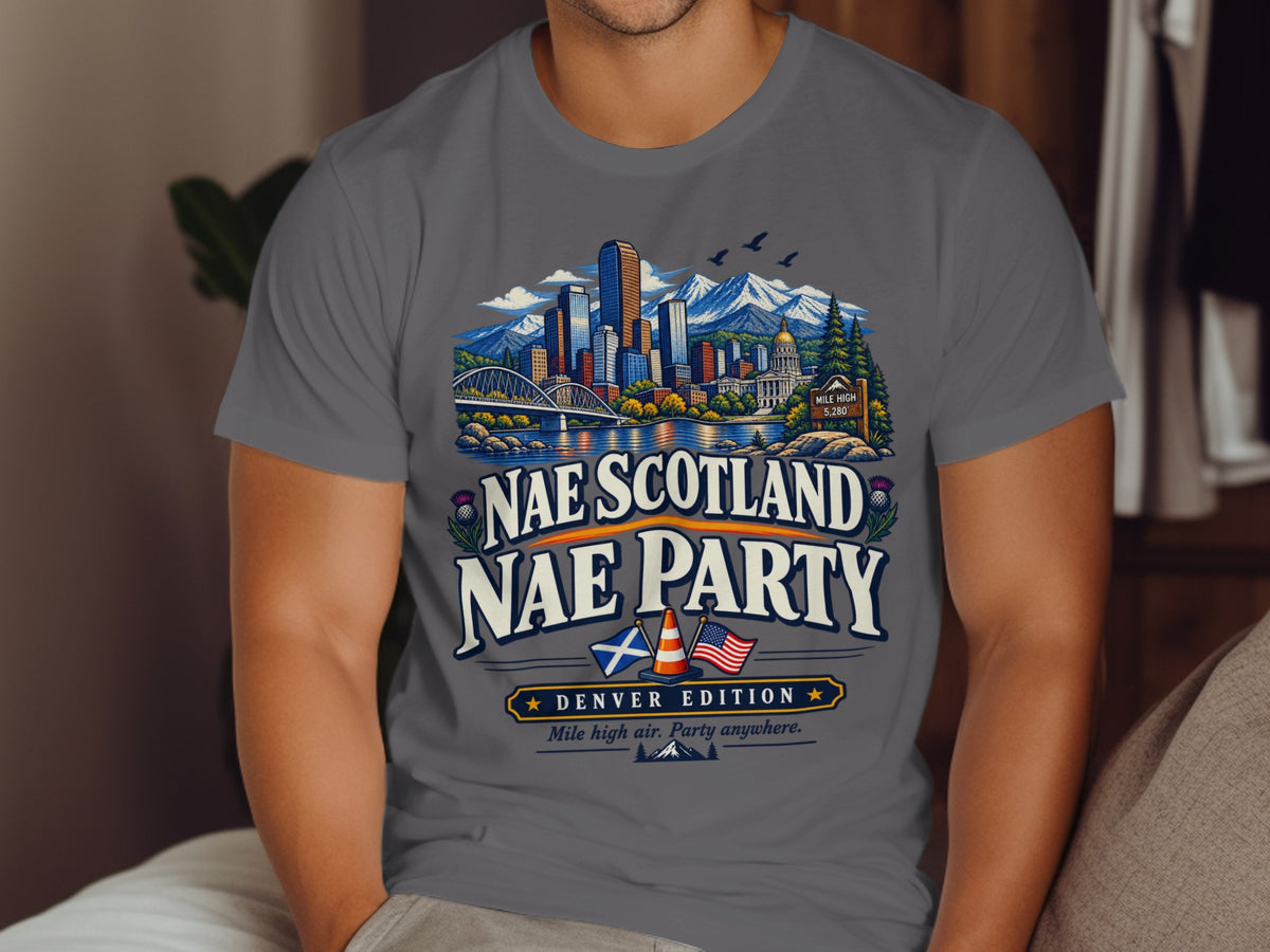 Denver skyline with mountains, "Nae Scotland Nae Party Denver Edition" text.