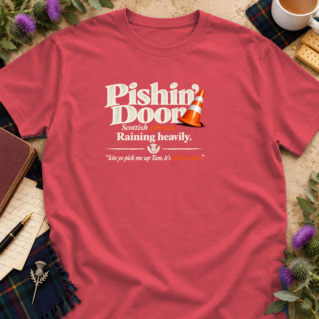 Red t-shirt featuring the Scottish phrase Pishin Doon with a traffic cone and definition.