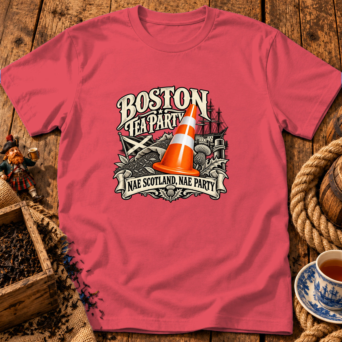 A coral-colored t-shirt with a graphic of a traffic cone, ship, and text reading Boston Tea Party.